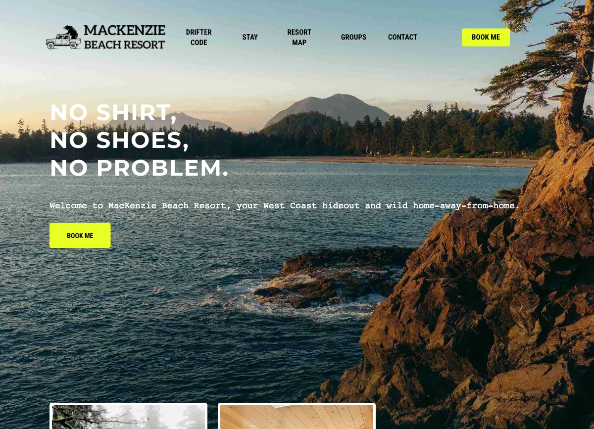 Mackenzie Beach Resort website homepage — custom resort website design by Zio Advertising for Tofino BC property
