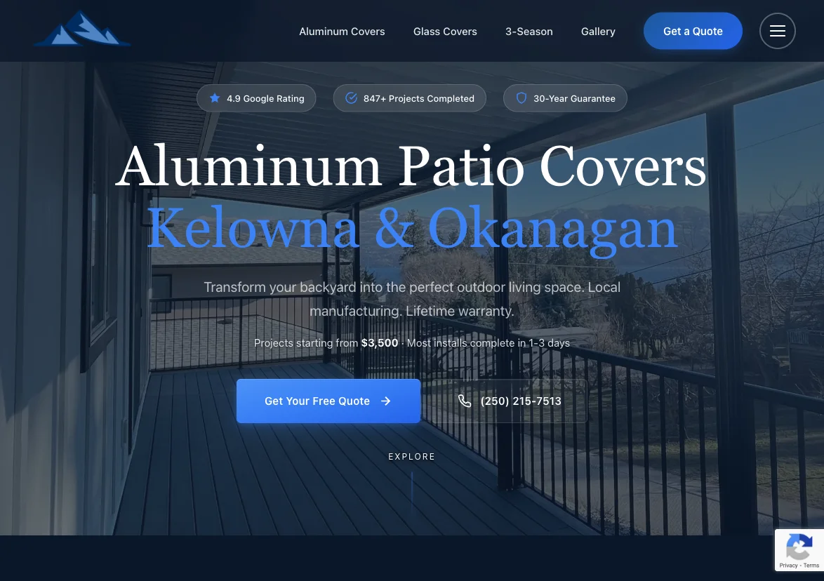 Okanagan Patio Covers conversion-focused website homepage built by Zio