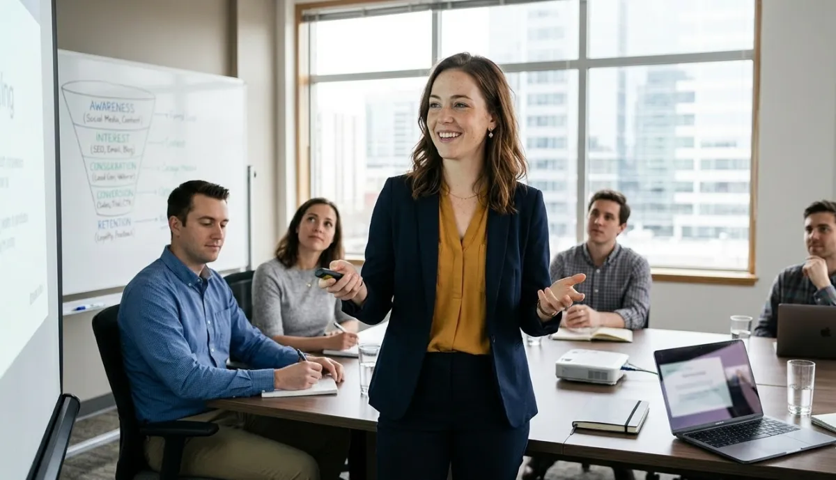 Modern private equity firm office with executive boardroom and professional digital presence